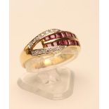 A RUBY AND DIAMOND RING, set with two lines of seven channel set square cut rubies with a forked