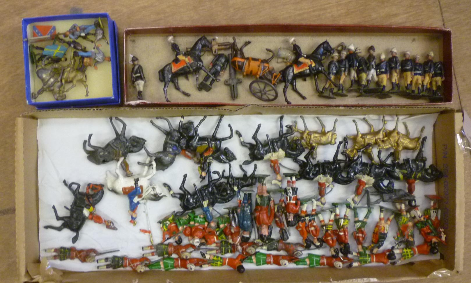 Various Britains metal lifeguards, Johillco Scottish Infantry, other mounted figures, and mountain
