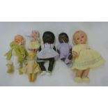 Three Rosebud plastic dolls including two black dolls, 6" - 11" high, three other plastic dolls by