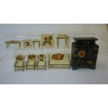 A suite of painted wood dolls house furniture with printed scrap decoration, comprising settee,