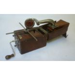 A Peter Pan "Camera" gramophone with folding brown leather covered wood case, and speaker horn,