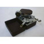 A Mikky Phone "camera" gramophone (Japan) with folding black metal case, matching horn, nickel