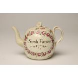 A DOCUMENTARY LEEDS CREAMWARE TEAPOT AND COVER, 1778, of globular form with leaf moulded scroll