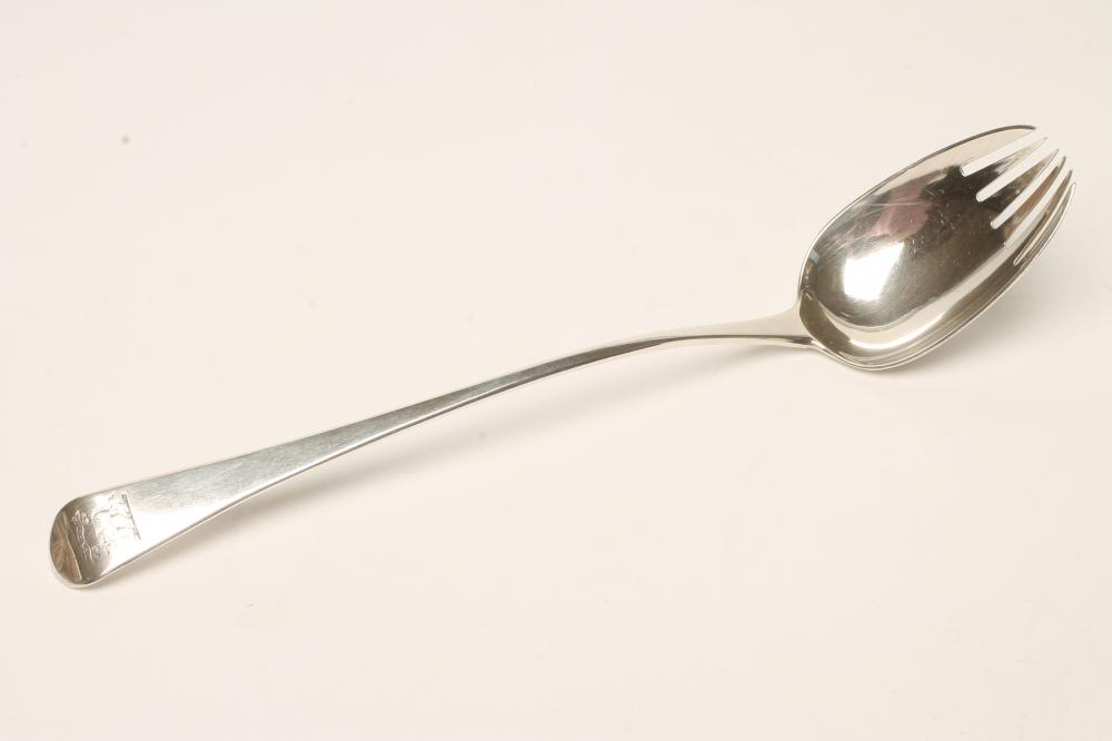 A GEORGE III SILVER SALAD FORK, maker possibly John Beldon, London 1798, in Old English pattern,