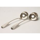 A PAIR OF VICTORIAN SILVER SAUCE LADLES, makers J & J Williams & Co., Exeter 1856, in Fiddle