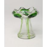 AN ENGLISH ART NOUVEAU GLASS VASE, of flared organic form with two tone green "peacock eye"