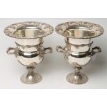 A PAIR OF EPNS CAMPANA URN CHAMPAGNE COOLERS, 20th century, with cast and applied fruiting vine