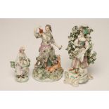 THREE DERBY PORCELAIN FIGURES, c.1760-70, comprising a shepherdess, 5 1/2" high, a figural