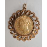 A VICTORIA SOVEREIGN, 1885, in a 9ct gold loose pendant mount, 13.4g total (Est. plus 18% premium