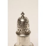 A GEORGE II SILVER MUFFINEER, maker Thomas Bamford, London 1732, of vase form with turned knop and