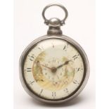 A GEORGE V SILVER PAIR CASED POCKET WATCH, the white enamel dial painted with a huntsman and his two