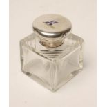 AN ART DECO SILVER MOUNTED GLASS INKWELL, maker William Hutton, Sheffield 1929, of square section