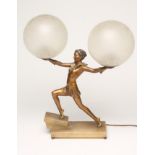 AN ART DECO BRONZED SPELTER FIGURAL TABLE LAMP, modelled as a young lady wearing a halter neck short