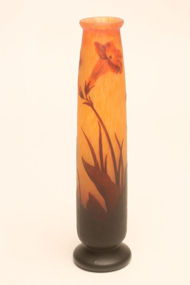 A FRENCH CAMEO VASE, 1920's, of slender tapering cylindrical form on a low foot, the orange