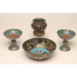 A COLLECTION OF CLOISONNE ENAMEL, various dates, comprising a pair of turquoise pedestal dishes with