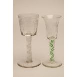 TWO WINE GLASSES, 20th century, one with waisted bucket bowl etched with flowers and a butterfly