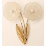 A COCKTAIL BROOCH, the two frosted glass flower heads each centred by a cultured pearl on 14ct