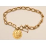 AN 18CT GOLD BRACELET, the eighteen matt engraved oval loops tied by a twist, with safety chain,