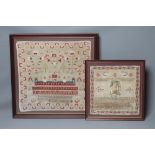 TWO VICTORIAN FAMILY SAMPLERS, both worked in coloured wools by Margaret Hindle, one mourning the