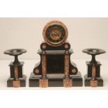 A FRENCH BLACK SLATE AND ROUGE MARBLE CLOCK GARNITURE by Samuel Marti, the twin barrel movement with