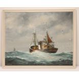 JACK RIGG (b.1927), Fishing Trawler in a Swell, oil on canvas, signed and dated 1976, 24" x 30" (