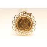 A VICTORIA SOVEREIGN, 1898, in a loose 9ct gold scroll pendant mount, 9.8g gross (Est. plus 18%