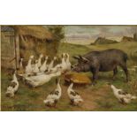 HERBERT WILLIAM WEEKES (act.1856-1904), Pig and Ducks in a Landscape, oil on canvas, signed, 12" x