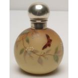 A VICTORIAN SATIN GLASS SCENT BOTTLE, maker Sampson Mordan, London 1886, the amber tinted globular