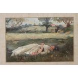 IRISH SCHOOL (Late 19th Century), Lady Resting in a Summer Meadow, oil on canvas, unsigned, 6" x 9",
