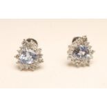 A PAIR OF SAPPHIRE AND DIAMOND EAR STUDS, the pear cut sapphires claw set to a border of fourteen