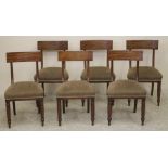 A SET OF SIX WILLIAM IV MAHOGANY DINING CHAIRS, the open back with deep curved top rail on