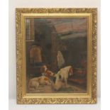 CIRCLE OF JOHN EMMS (1843-1912), Fox Hounds by the Fireside, oil on board, unsigned, 19 1/4" x 15