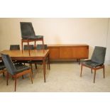 A TEAK DINING SUITE, 1970's, comprising extending table, the oblong top with butterfly central