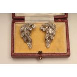 A PAIR OF ART DECO DIAMOND EARRINGS, the drop leaf panels pave set with numerous small brilliant cut