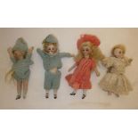 Four bisque head dolls' house dolls with fixed blue glass eyes, blonde mohair wigs and bisque limbs,