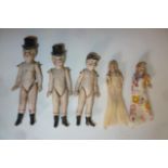 Five all bisque dolls' house dolls, comprising two girls with blonde mohair wigs, 1 3/4" high, and