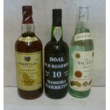 One bottle Boal 10 year old Old Reserve Madeira, one bottle Mount Gay aged rum sugar cane brandy,