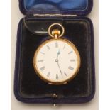 A GENTLEMAN'S 18K GOLD TOP WIND POCKET WATCH, late 19th century, the white enamel dial with black