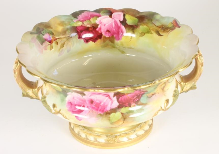 A ROYAL WORCESTER CHINA ROSE BOWL, 1912, of squat baluster form with everted scalloped rim and two - Image 7 of 8