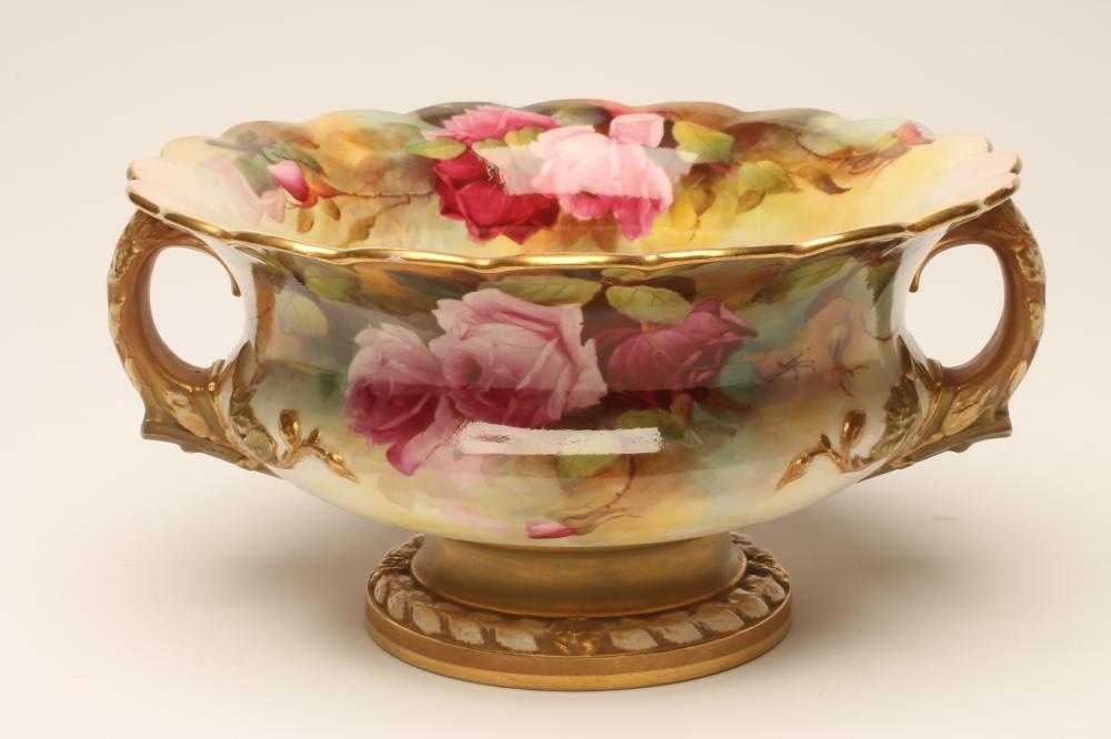 A ROYAL WORCESTER CHINA ROSE BOWL, 1912, of squat baluster form with everted scalloped rim and two - Image 2 of 8