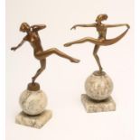 TWO ART DECO BRONZED SPELTER FIGURES, after Lorenzl, modelled as naked dancing girls, both