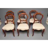 A SET OF SIX VICTORIAN MAHOGANY DINING CHAIRS of open balloon back form, arched pierced and scroll