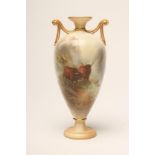 A ROYAL WORCESTER CHINA VASE, c.1903, of rounded conical form with two loop handles, painted in