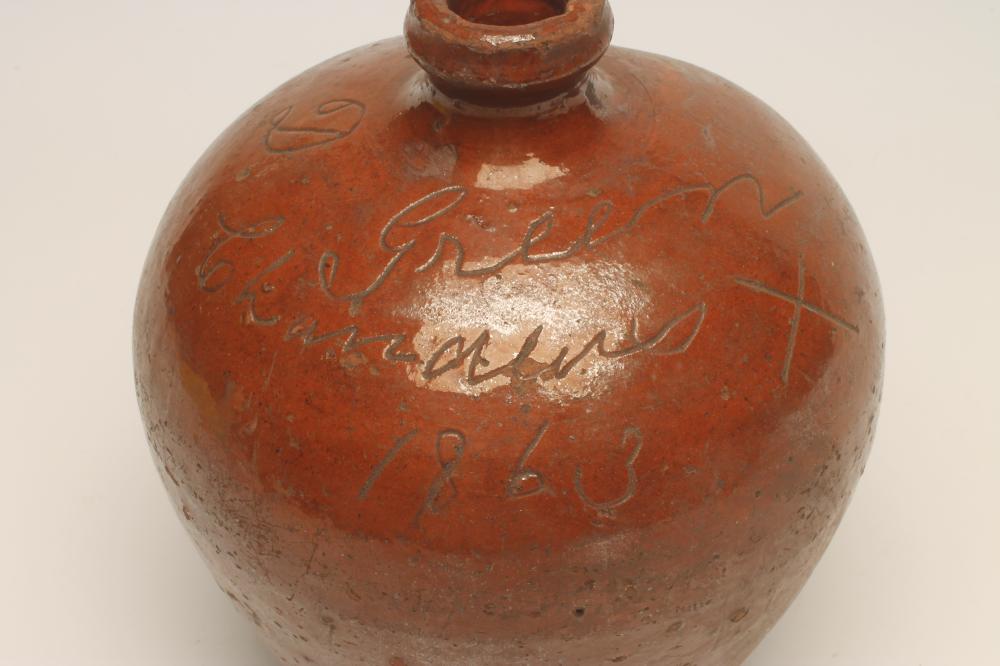 A VICTORIAN DOCUMENTARY GLAZED TERRACOTTA FLAGON, of rounded form, incised "D. Green/Chandler's X/ - Image 2 of 4