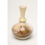 A ROYAL WORCESTER CHINA SMALL BOTTLE VASE, 1909, with lobed neck, painted in polychrome enamels by