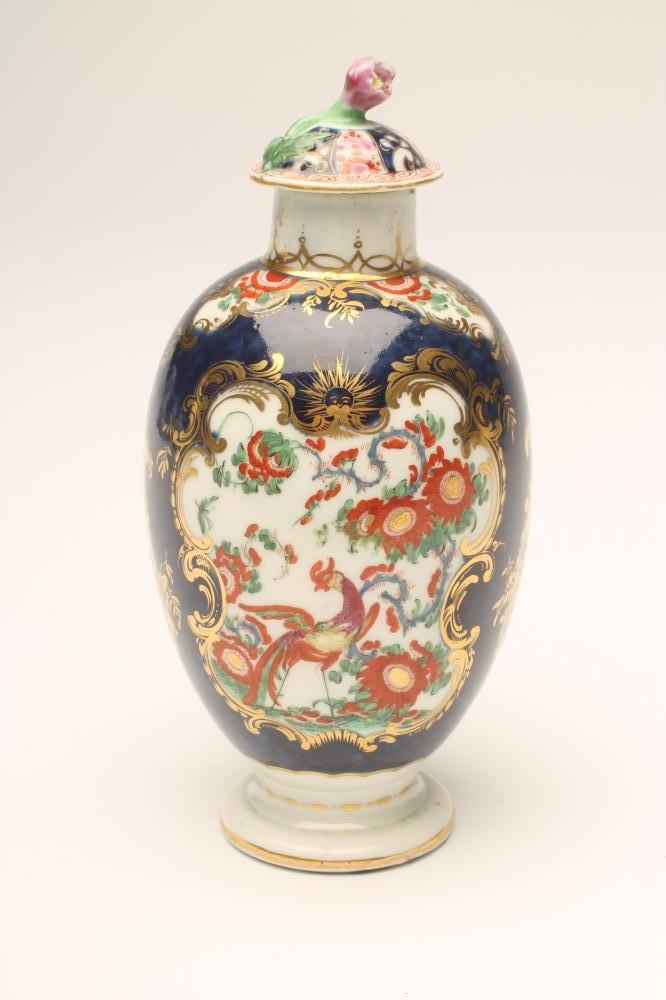 A FIRST PERIOD WORCESTER PORCELAIN TEA CANISTER, c.1770, of ovoid form, painted with kakiemon enamel