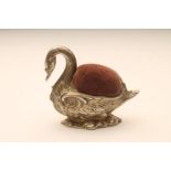 A FRENCH SILVER NOVELTY SWAN PIN CUSHION, Minerva's head mark only, 2 3/4" high, 3 1/2" long (Est.