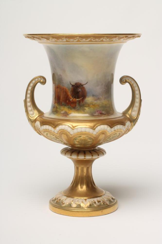 A ROYAL WORCESTER CHINA CAMPANA URN, 1919, painted in polychrome enamels by Harry Stinton with two - Image 2 of 5