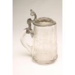 A CLEAR GLASS STEIN, late 19th century, of tapering panelled form engraved with a running stag, with