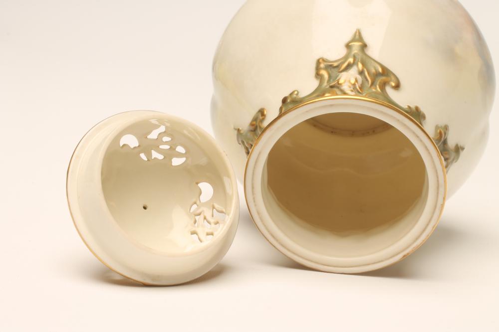 A ROYAL WORCESTER CHINA POT POURRI AND PIERCED COVER, 1912, of lobed tapering cylindrical form, - Image 4 of 5